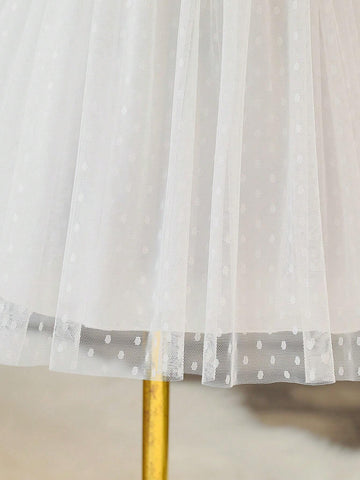 Young Girls Solid Color Sleeveless Mesh Splicing Organza Pleated Lace Hem Summer Dress