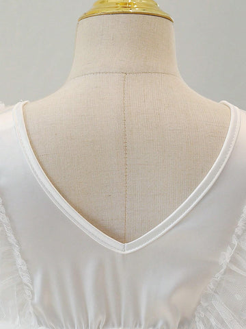 Young Girls Solid Color Sleeveless Mesh Splicing Organza Pleated Lace Hem Summer Dress