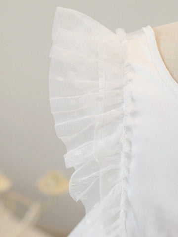 Young Girls Solid Color Sleeveless Mesh Splicing Organza Pleated Lace Hem Summer Dress