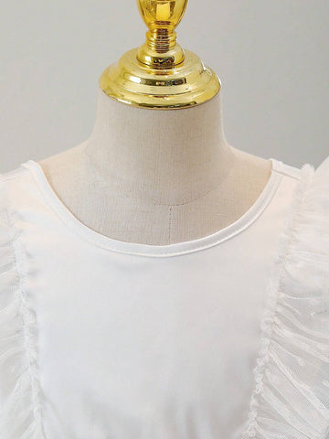 Young Girls Solid Color Sleeveless Mesh Splicing Organza Pleated Lace Hem Summer Dress