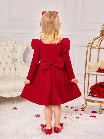 Young Girl's Solid Color Square Neck Long Sleeve Bow Decor Simple Dress