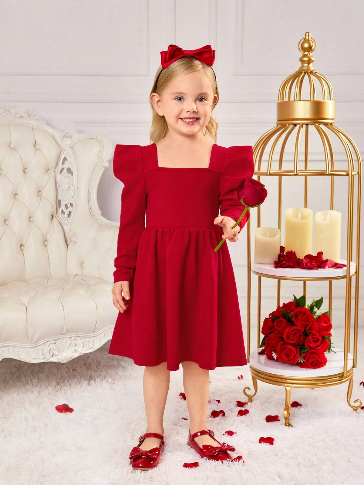Young Girl's Solid Color Square Neck Long Sleeve Bow Decor Simple Dress