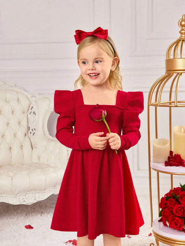Young Girl's Solid Color Square Neck Long Sleeve Bow Decor Simple Dress