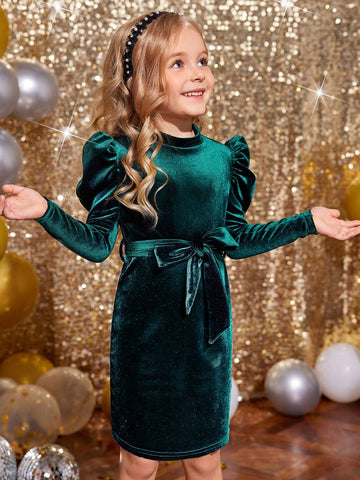 Young Girls' Solid Color Stand Collar Gigot Sleeve Form-Fitting Casual Knit Dress