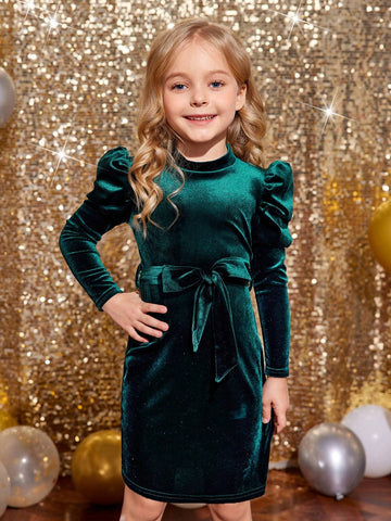Young Girls' Solid Color Stand Collar Gigot Sleeve Form-Fitting Casual Knit Dress