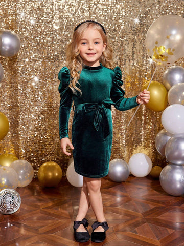 Young Girls' Solid Color Stand Collar Gigot Sleeve Form-Fitting Casual Knit Dress