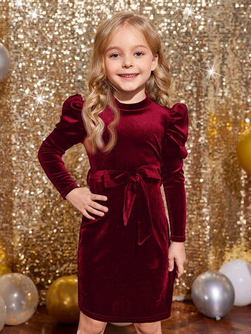 Young Girls' Solid Color Stand Collar Gigot Sleeve Form-Fitting Velvet Knit Dress With Bow Belt