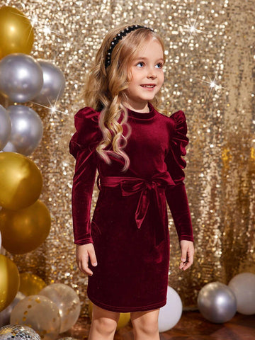 Young Girls' Solid Color Stand Collar Gigot Sleeve Form-Fitting Velvet Knit Dress With Bow Belt