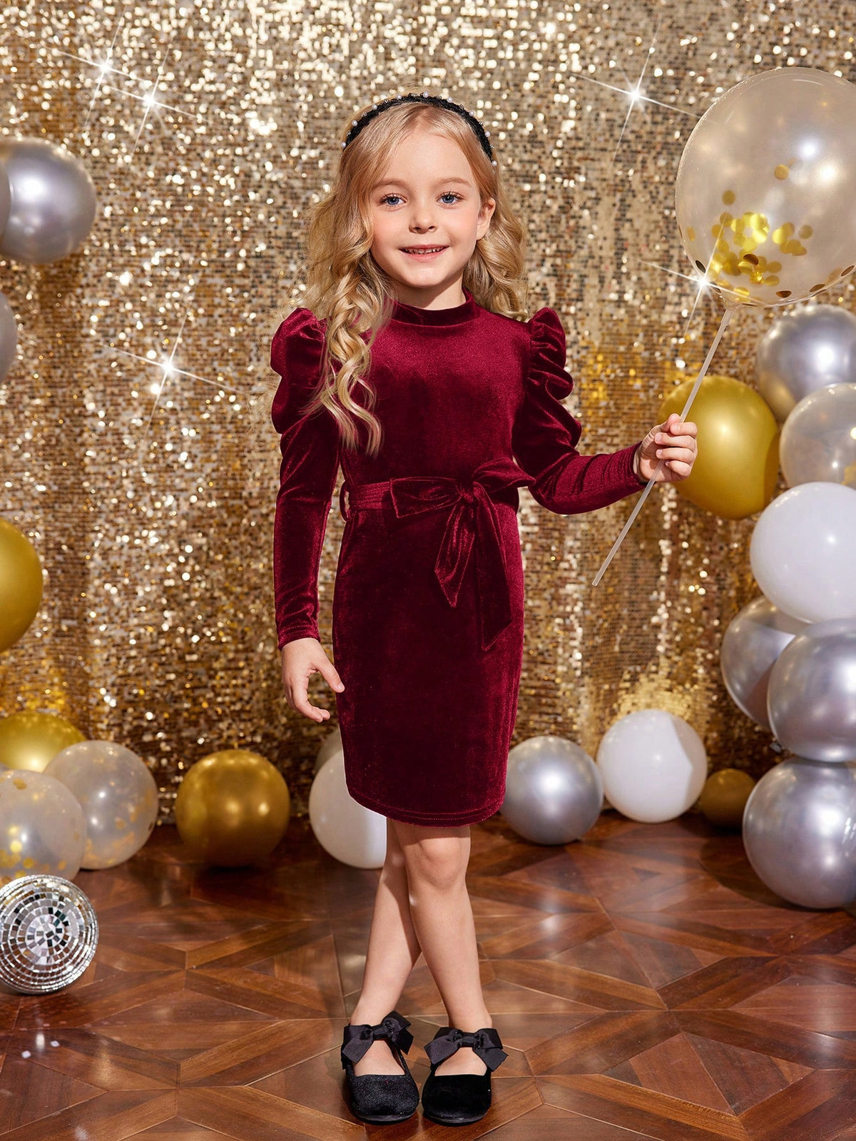 Young Girls' Solid Color Stand Collar Gigot Sleeve Form-Fitting Velvet Knit Dress With Bow Belt