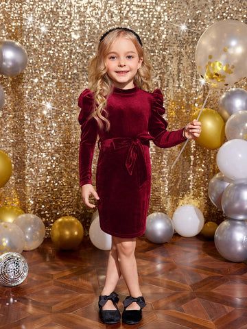 Young Girls' Solid Color Stand Collar Gigot Sleeve Form-Fitting Velvet Knit Dress With Bow Belt