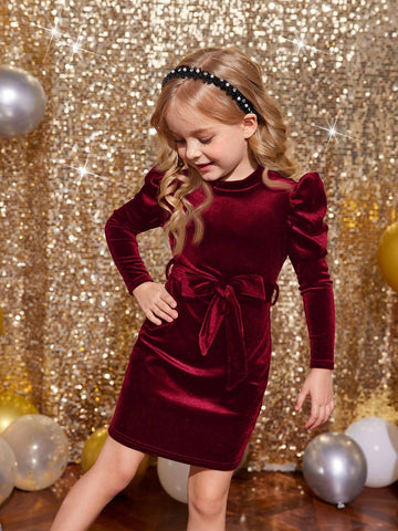 Young Girls' Solid Color Stand Collar Gigot Sleeve Form-Fitting Velvet Knit Dress With Bow Belt