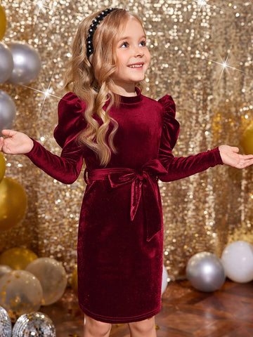 Young Girls' Solid Color Stand Collar Gigot Sleeve Form-Fitting Velvet Knit Dress With Bow Belt