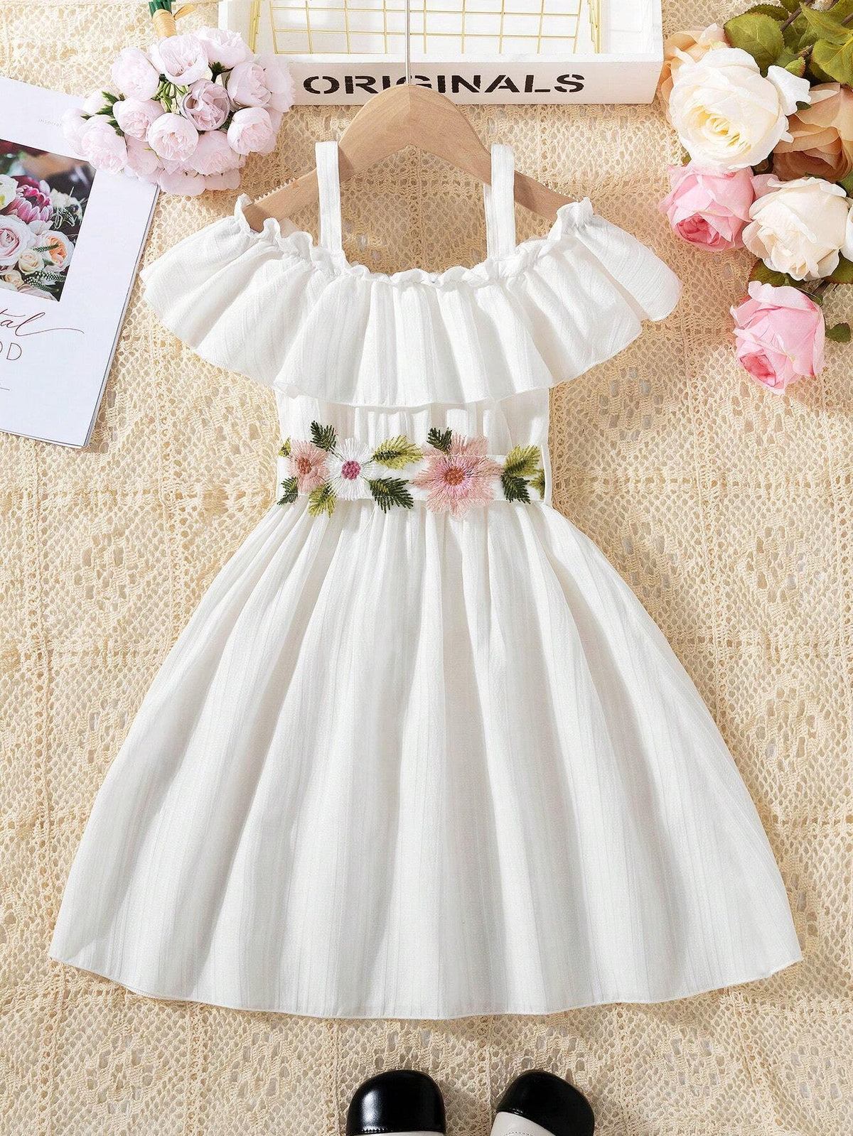 Young Girls' Solid Color Striped Ruffle Hem Long Cute Dress