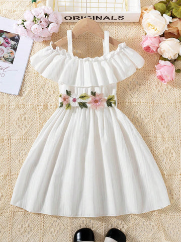 Young Girls' Solid Color Striped Ruffle Hem Long Cute Dress