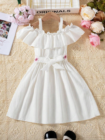 Young Girls' Solid Color Striped Ruffle Hem Long Cute Dress