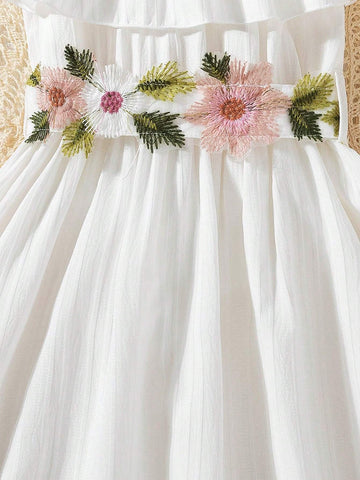 Young Girls' Solid Color Striped Ruffle Hem Long Cute Dress
