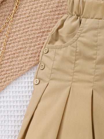 Young Girls Solid Color Wide Leg Conservative Pants With Pocket And Pleats Detailing