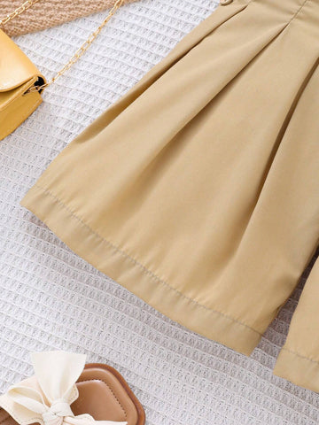 Young Girls Solid Color Wide Leg Conservative Pants With Pocket And Pleats Detailing