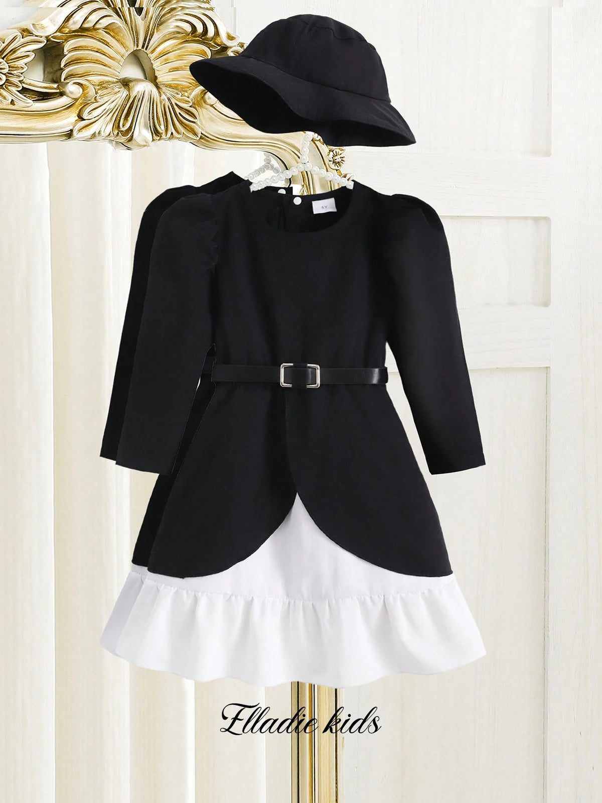 Young Girls' Sophisticated Black And White Contrast Party Dress - Elegant And Stylish Round Neck, Long Sleeve Dress For Spring & Autumn