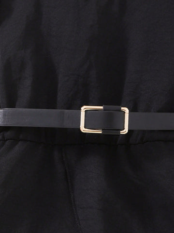 Young Girls' Sophisticated Black And White Contrast Party Dress - Elegant And Stylish Round Neck, Long Sleeve Dress For Spring & Autumn