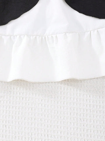 Young Girls' Sophisticated Black And White Contrast Party Dress - Elegant And Stylish Round Neck, Long Sleeve Dress For Spring & Autumn