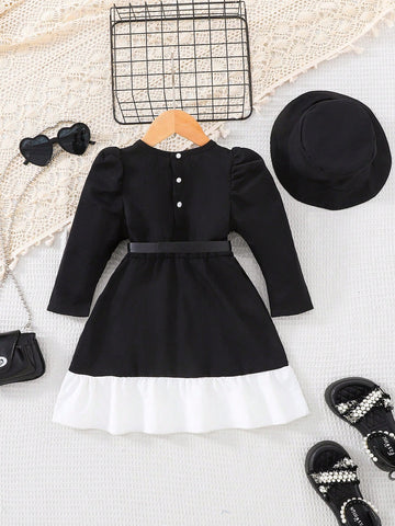 Young Girls' Sophisticated Black And White Contrast Party Dress - Elegant And Stylish Round Neck, Long Sleeve Dress For Spring & Autumn