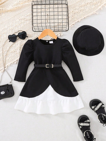 Young Girls' Sophisticated Black And White Contrast Party Dress - Elegant And Stylish Round Neck, Long Sleeve Dress For Spring & Autumn