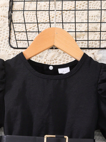 Young Girls' Sophisticated Black And White Contrast Party Dress - Elegant And Stylish Round Neck, Long Sleeve Dress For Spring & Autumn