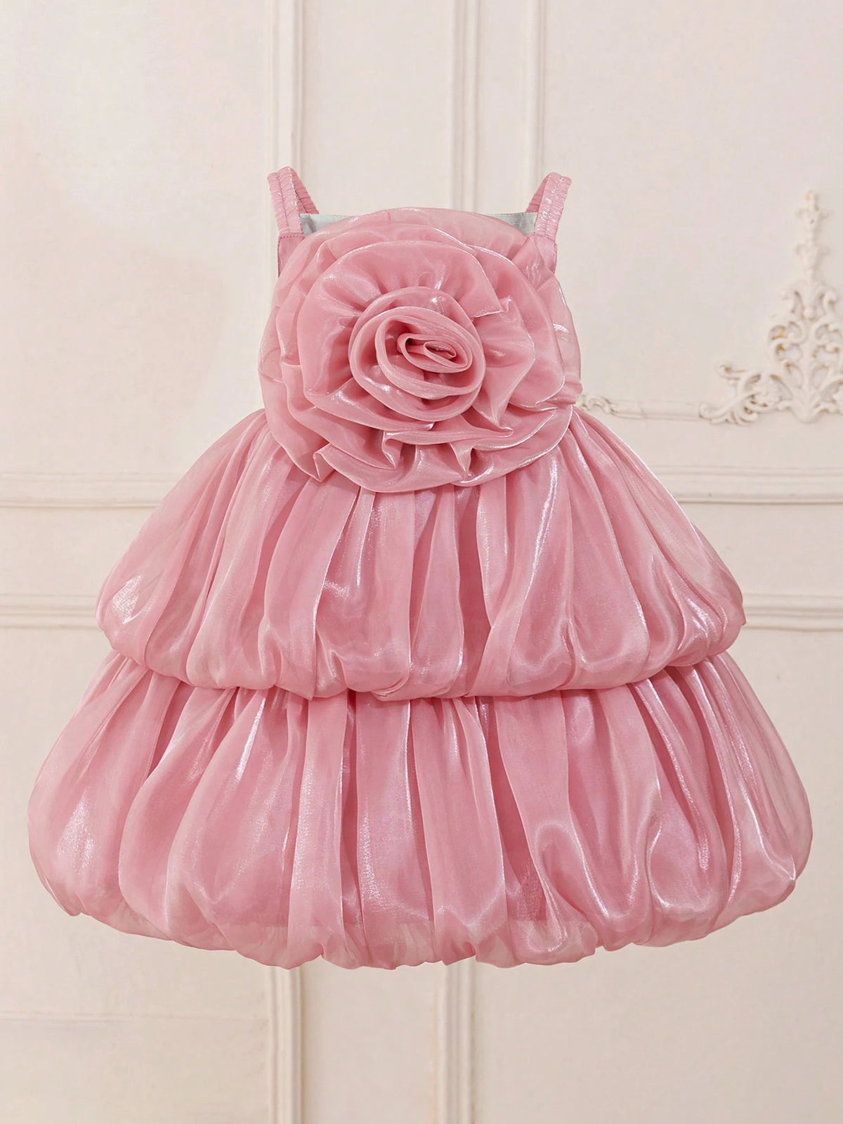 Young Girls' Spaghetti Strap 3D Rose Floral Mesh Performance Dress, Suitable For Birthday Party And Formal Occasions