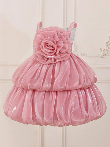 Young Girls' Spaghetti Strap 3D Rose Floral Mesh Performance Dress, Suitable For Birthday Party And Formal Occasions