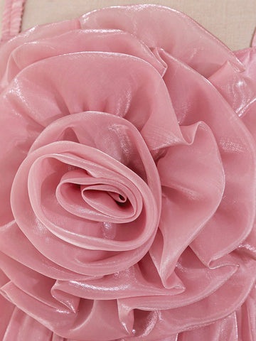 Young Girls' Spaghetti Strap 3D Rose Floral Mesh Performance Dress, Suitable For Birthday Party And Formal Occasions