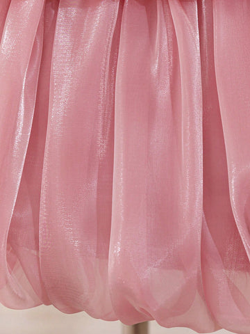 Young Girls' Spaghetti Strap 3D Rose Floral Mesh Performance Dress, Suitable For Birthday Party And Formal Occasions