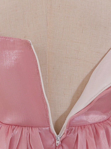 Young Girls' Spaghetti Strap 3D Rose Floral Mesh Performance Dress, Suitable For Birthday Party And Formal Occasions