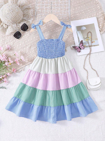 Young Girl's Spaghetti Strap Colorblock Striped Dress