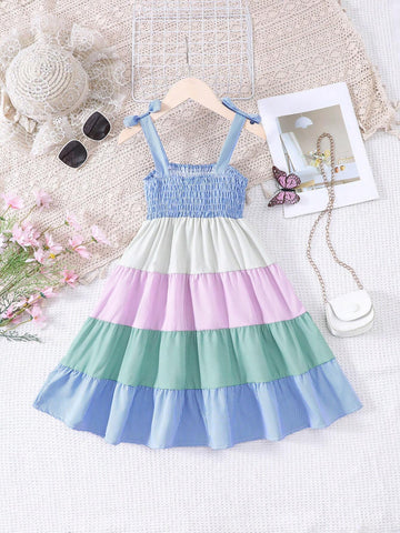 Young Girl's Spaghetti Strap Colorblock Striped Dress