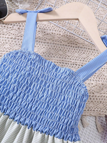 Young Girl's Spaghetti Strap Colorblock Striped Dress
