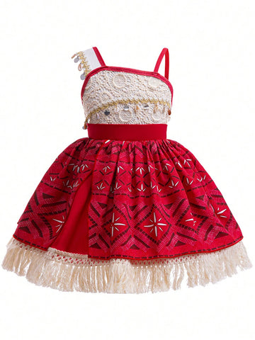 Young Girls Spaghetti Strap Fringe Performing Princess Dress, Suitable For Parties