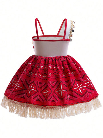 Young Girls Spaghetti Strap Fringe Performing Princess Dress, Suitable For Parties