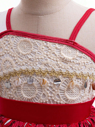 Young Girls Spaghetti Strap Fringe Performing Princess Dress, Suitable For Parties