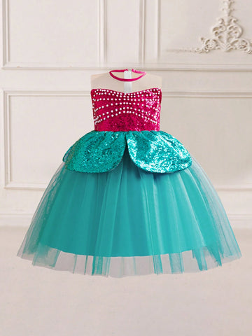 Young Girls' Sparkle Pearl Decorated Mesh Tulle Princess Dress For Role Play Party