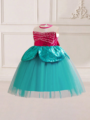 Young Girls' Sparkle Pearl Decorated Mesh Tulle Princess Dress For Role Play Party
