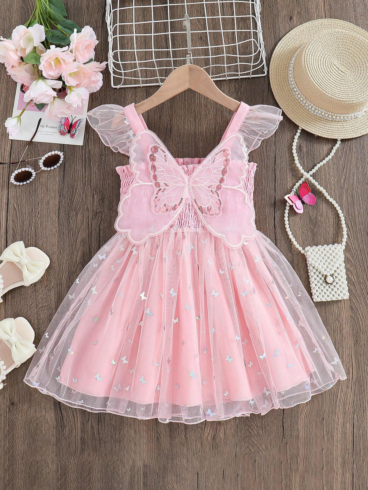 Young Girl's Sparkly Butterfly Mesh Splicing Cute Sweet Resort Comfortable Dress