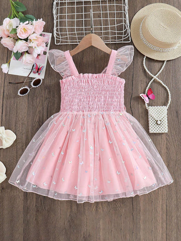 Young Girl's Sparkly Butterfly Mesh Splicing Cute Sweet Resort Comfortable Dress