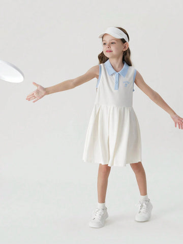 Young Girls" Sporty Sleeveless Polo Dress With Pleated Hem And Colorful Striped Collar, Quick-Dry And Cool For Summer