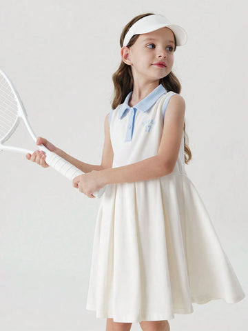 Young Girls" Sporty Sleeveless Polo Dress With Pleated Hem And Colorful Striped Collar, Quick-Dry And Cool For Summer