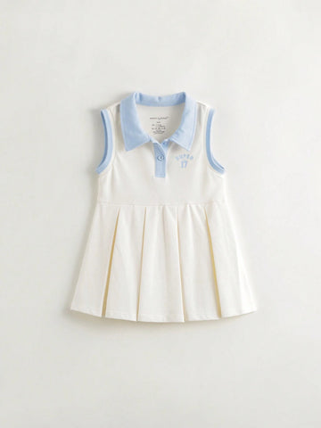 Young Girls" Sporty Sleeveless Polo Dress With Pleated Hem And Colorful Striped Collar, Quick-Dry And Cool For Summer