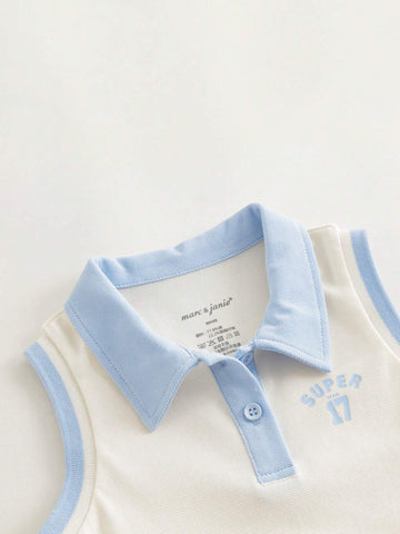 Young Girls" Sporty Sleeveless Polo Dress With Pleated Hem And Colorful Striped Collar, Quick-Dry And Cool For Summer