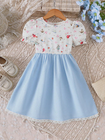 Young Girl's Spring/Summer Bird & Floral Print Round Neck Puff Sleeve Textured Hem Lace Patchwork Cute Dress