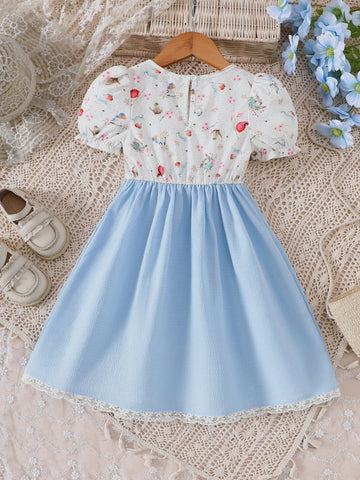 Young Girl's Spring/Summer Bird & Floral Print Round Neck Puff Sleeve Textured Hem Lace Patchwork Cute Dress