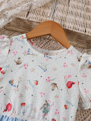 Young Girl's Spring/Summer Bird & Floral Print Round Neck Puff Sleeve Textured Hem Lace Patchwork Cute Dress